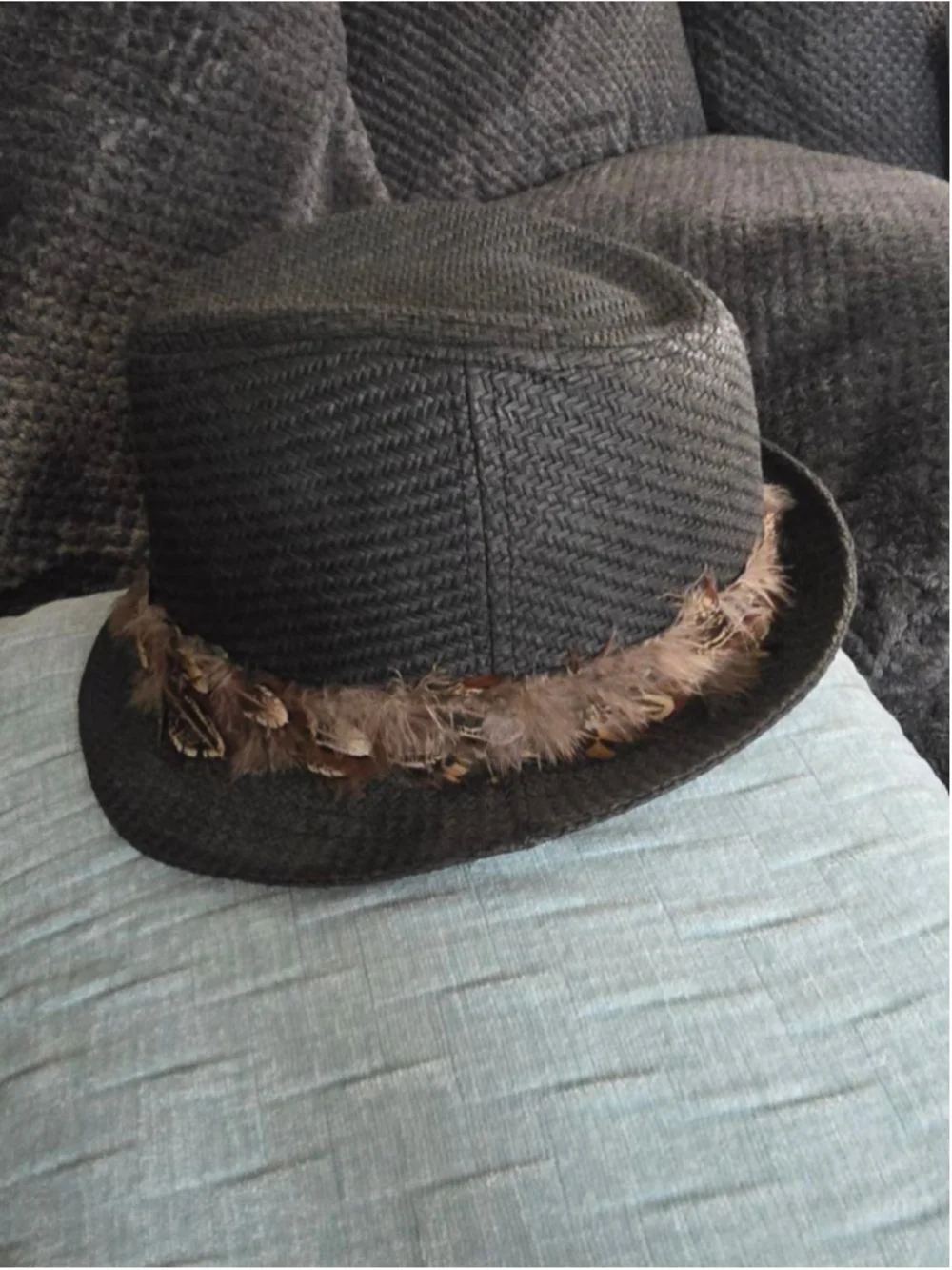 Accessory Collective Woven Charcoal Fedora Hat One Size with Brown Feather Band